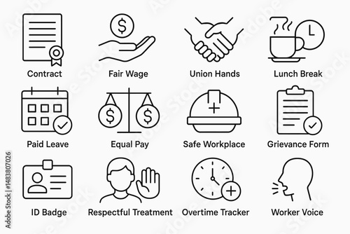 Worker rights icons: fair wage, equal pay, safe workplace, paid leave, union hands