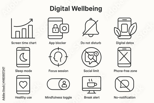 Digital wellbeing concepts: screen time, app blocker, focus, sleep, detox icons