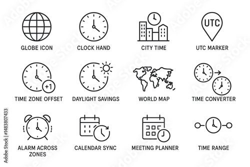 Time zone icons: globe, clocks, city time, world map, utc marker, alarm, daylight savings