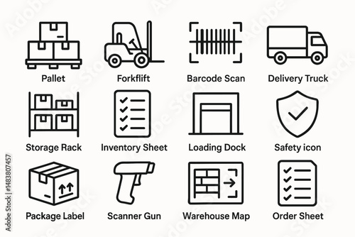 Warehouse icons: pallet, forklift, barcode, delivery truck, storage solutions