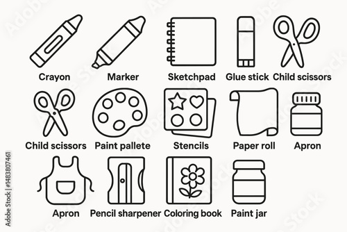 Art supplies icons: crayons, markers, sketchpads, scissors, and more