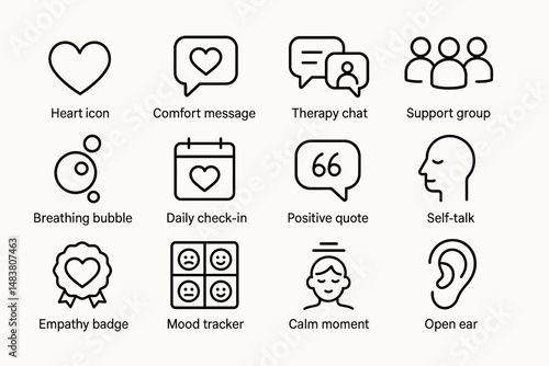 Icons for mental health and well-being: therapy, support, mindfulness, communication, wellness