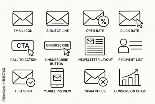 Email marketing icons: email, subject, open rate, click rate, cta, unsubscribe, spam, chart