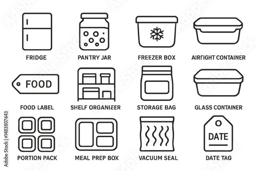 Kitchen storage icons: fridge, pantry jar, freezer box, airtight container, food label designs