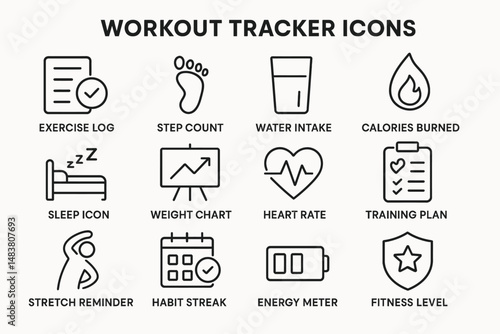 Workout tracker icons for exercise, fitness, and health monitoring