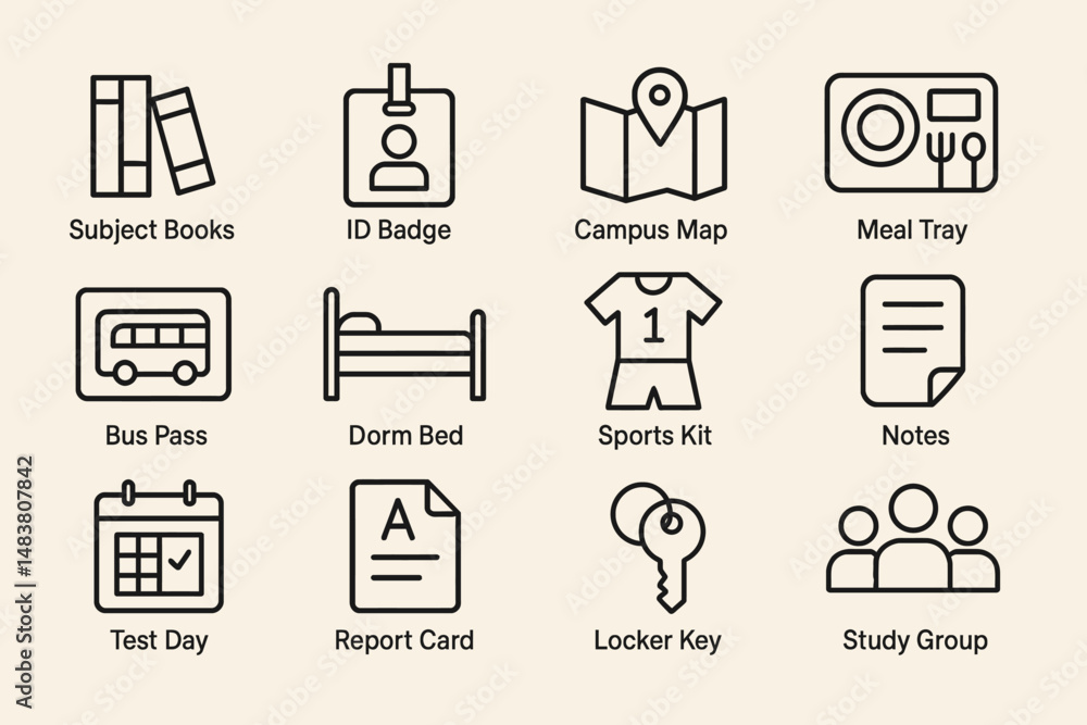 Essential school icons: books, id badge, campus map, meal tray, bus pass, dorm bed, sports kit, notes, test day, report card, locker key, study group Essential school icons: books, id badge, campus map, meal tray, bus pass, dorm bed, sports kit, notes, test day, report card, locker key, study group