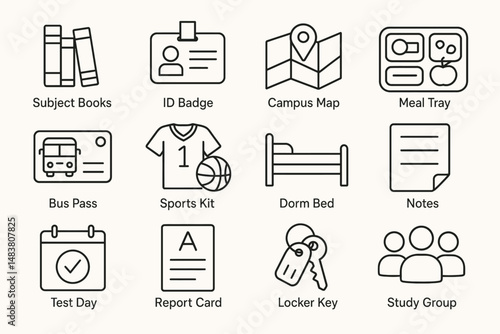 Essential university items: books, id badge, map, meal tray, bus pass, sports kit, dorm bed, notes, test day, report card, locker key, study group