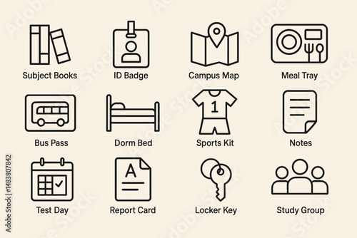 Essential school icons: books, id badge, campus map, meal tray, bus pass, dorm bed, sports kit, notes, test day, report card, locker key, study group