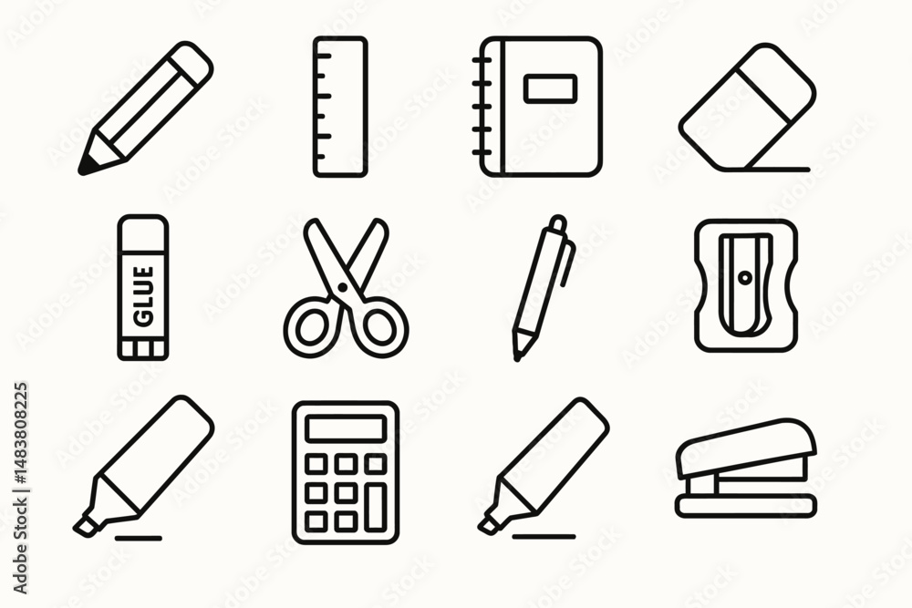 Vector icons of stationery items: pencil, ruler, notebook, eraser, glue, scissors, pen, sharpener, marker, calculator, stapler Vector icons of stationery items: pencil, ruler, notebook, eraser, glue, scissors, pen, sharpener, marker, calculator, stapler