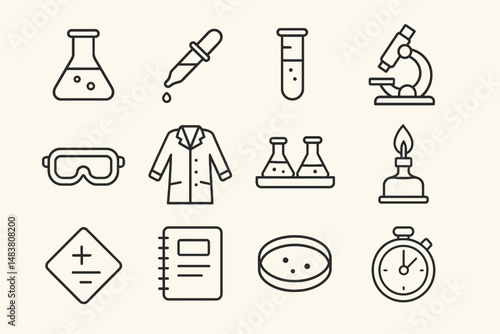 Laboratory equipment icons: beakers microscope safety goggles and more