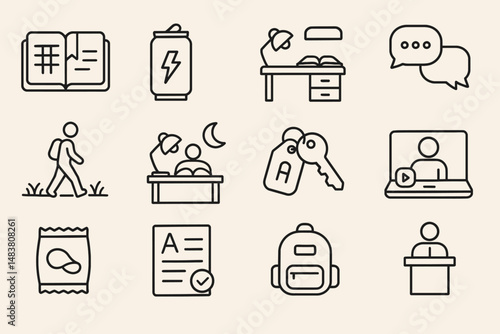 Minimalist icons: book, drinks, desk, speech, walking, sleeping, keys, online lecture, snack, document, backpack, lecture