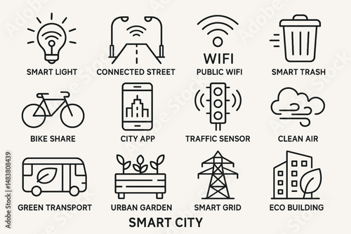 Smart city concepts: light, streets, wifi, trash, bikes, apps, traffic, air, transport, gardens, and buildings
