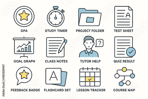 Academic tools and icons for effective study and learning management
