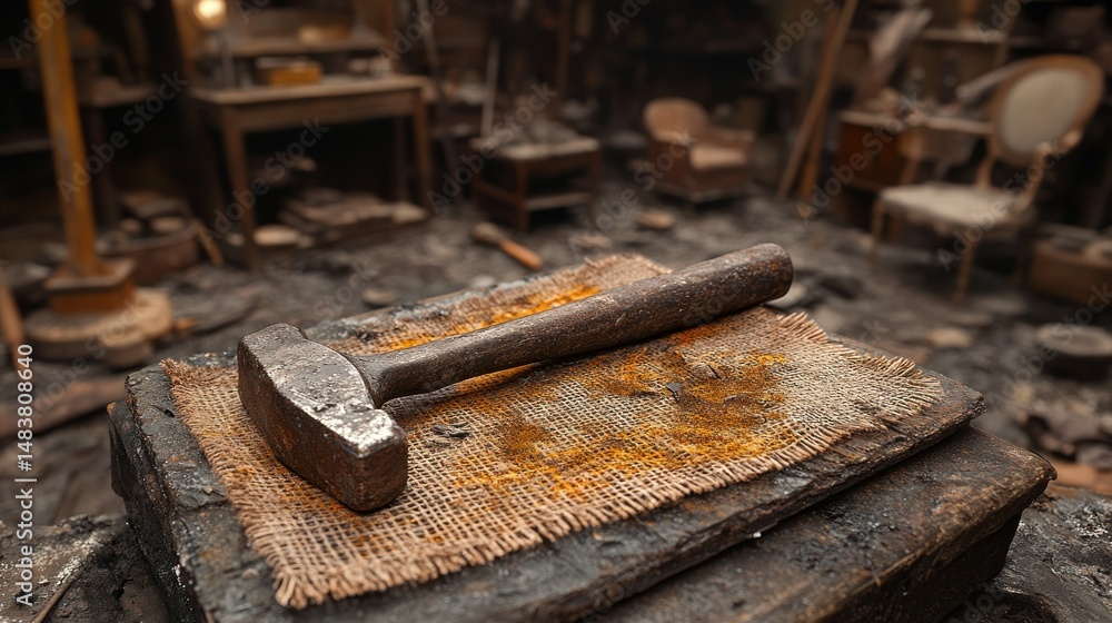 Rusty hammer on workshop workbench Rusty hammer on workshop workbench