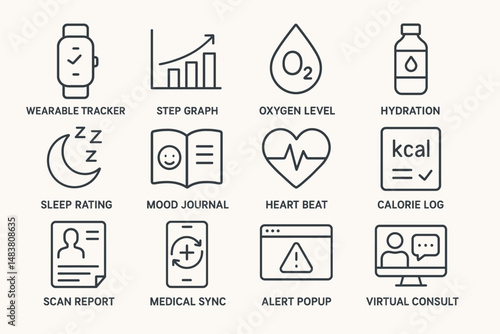 Health and fitness icons: wearable tracker, step graph, oxygen level, hydration, sleep rating, mood journal