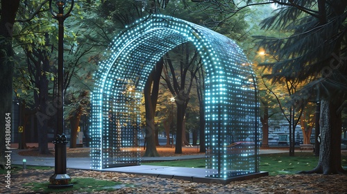 Futuristic public pavilion set within urban park brought life through mixture of photorealistic texture sleek minimalist geometry abstract visual element pavilion metallic surface reflects surrounding
