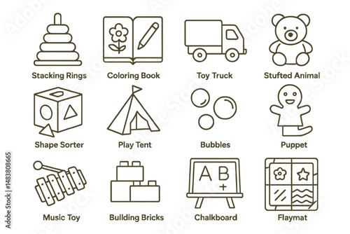 Assorted children's toys icons: stacking rings, coloring book, toy truck, and more