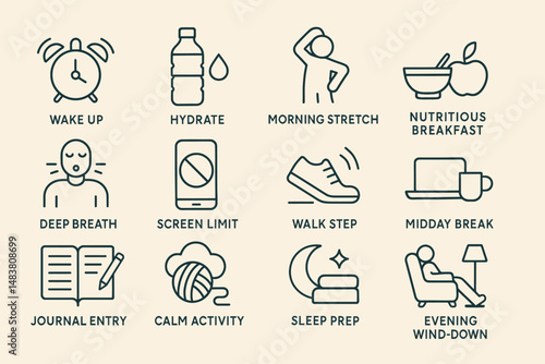 Daily wellness routine icons: wake up, hydrate, stretch, nutrition, mindfulness, calm, sleep, relaxation