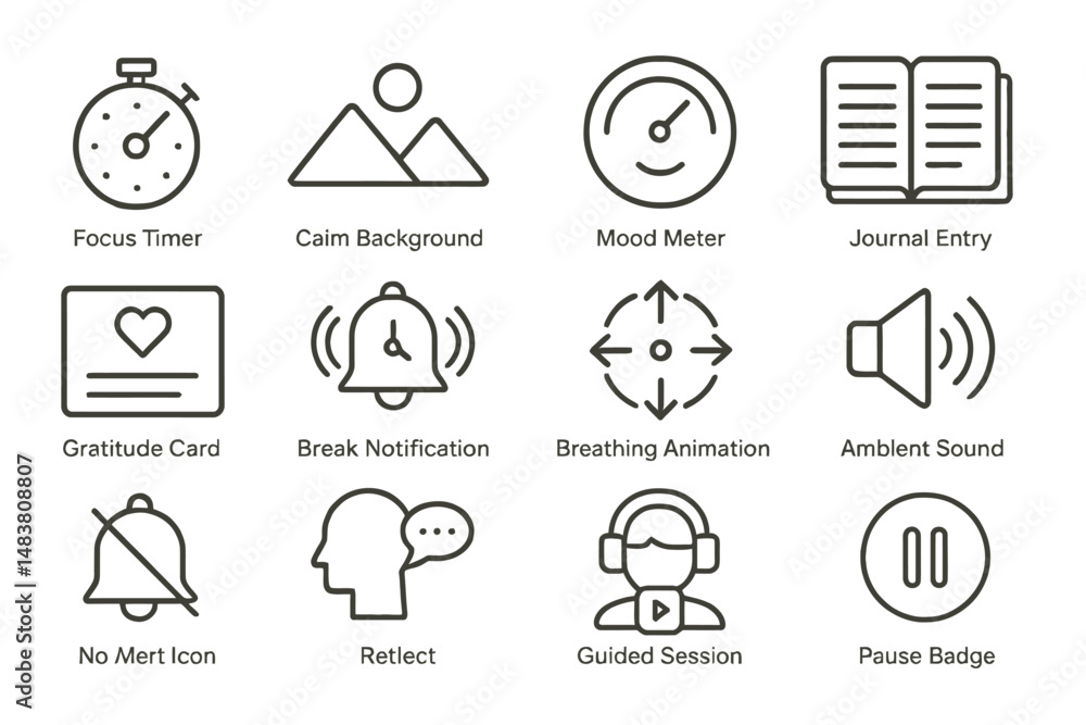 Mindfulness app interface with icons for meditation and stress relief Mindfulness app interface with icons for meditation and stress relief