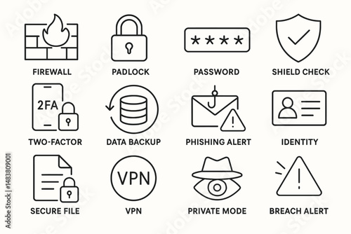 Cybersecurity icons: firewall, padlock, password, 2fa, data backup, phishing, identity