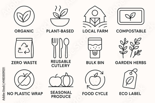 Sustainable living icons: organic, plant-based, zero waste, eco-friendly labels