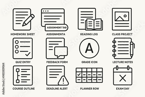 School icon set featuring homework, assignments, reading, quiz, grades, and more