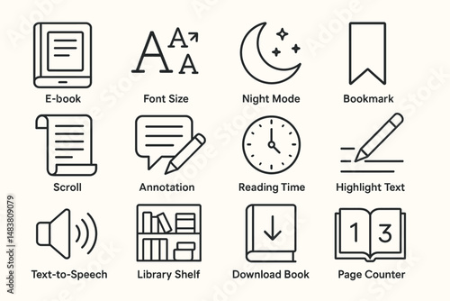 E-book ui design elements: night mode, font size, bookmark, and more