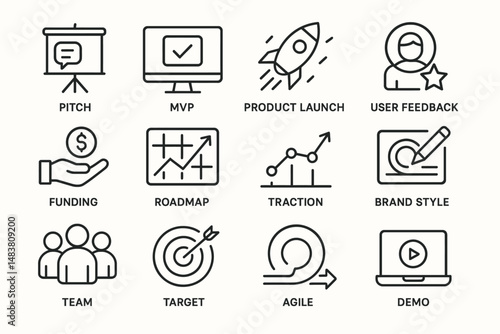 Business strategy icons highlighting product launch and user feedback