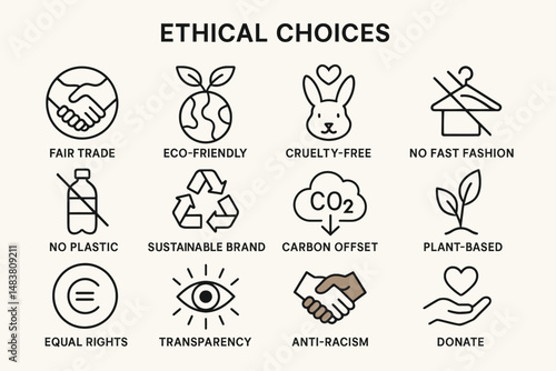 Ethical choices icons: fair trade, eco-friendly, cruelty-free, sustainable brand