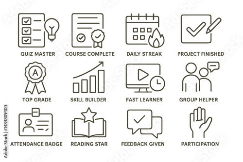 Achievement icons: quiz, course, daily streak, project, top grade, skill, fast learner, group