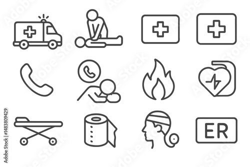 Emergency response icons: ambulance, cpr, first aid, fire, communication, er symbols