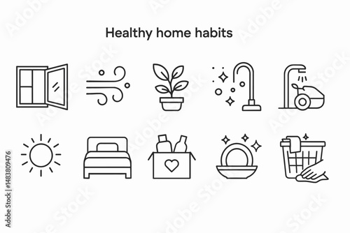 Icons depicting healthy home habits and eco-friendly living