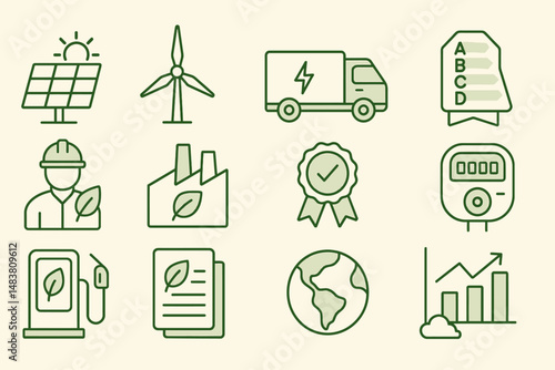 Sustainable energy icons: solar panels, wind turbine, electric vehicle, and more