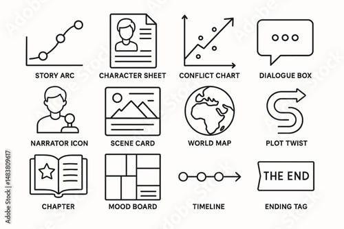 Storyboard elements: story arc, character sheet, conflict chart, dialogue box, narrator icon