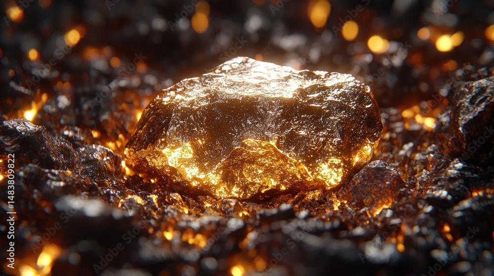 Fototapeta premium Glowing nugget nestled amongst rough, dark rock