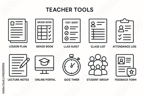 Teacher tools icons: lesson plan, grade book, test sheet, class list, attendance log