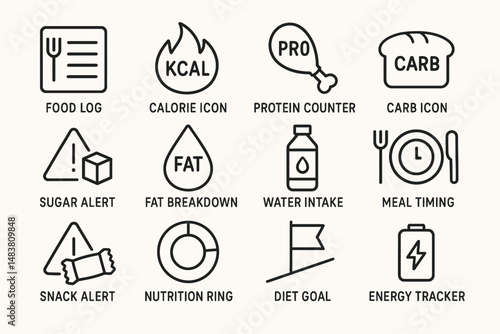Nutrition and diet icons: calorie, protein, carb, sugar, fat tracking symbols