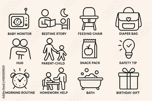 Childcare and parenting icons: bedtime, feeding, and safety themes