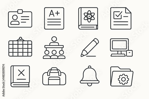 Education icons: id, grades, science, assignments, calendar, classroom, tools, notifications