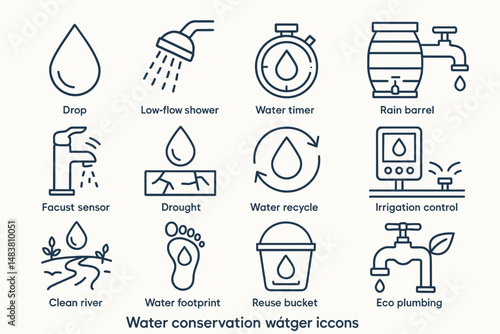 Water conservation icons: shower, timer, barrel, drought, recycle