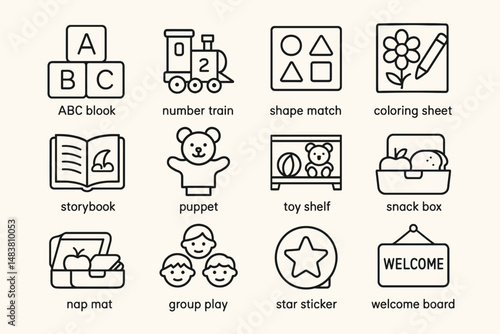 Educational icons set: toys, activities, and learning for children