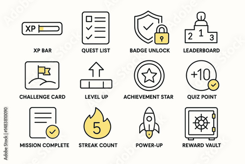 Gaming icons set: xp bar, quest list, badge unlock, leaderboard, challenge card