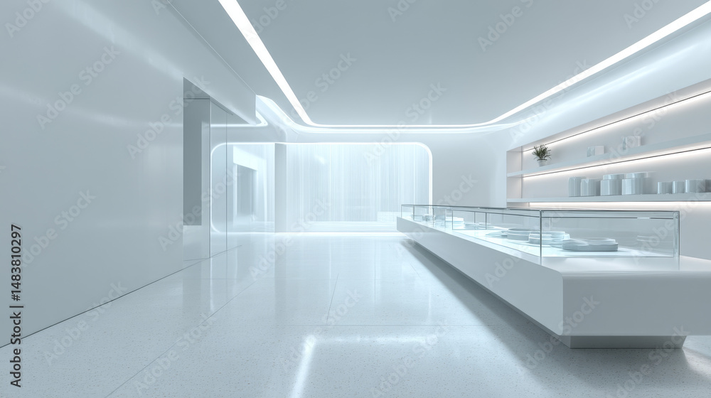 Minimalist interior of a modern retail space with sleek lines and bright lighting. Minimalist interior of a modern retail space with sleek lines and bright lighting.