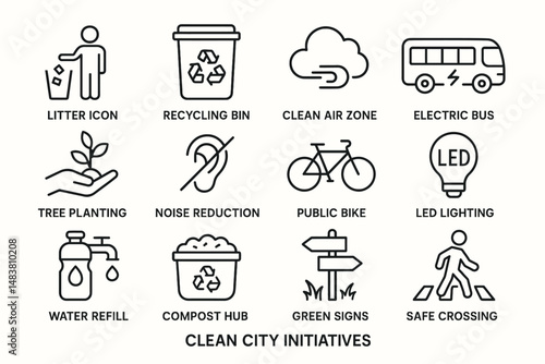Clean city initiatives icons: recycling, green transportation, sustainable energy