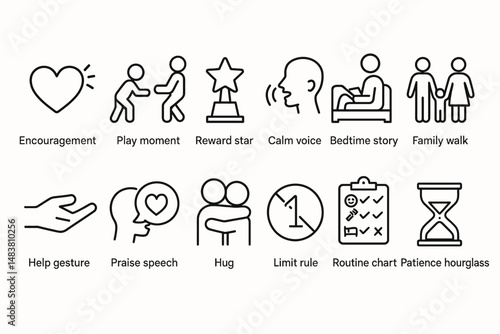 Encouragement and family interaction icon set: parenting, rewards, and routines