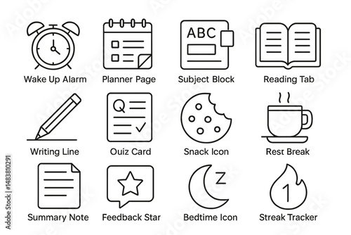 Vector icons for alarm, planner, education, and relaxation on gold background