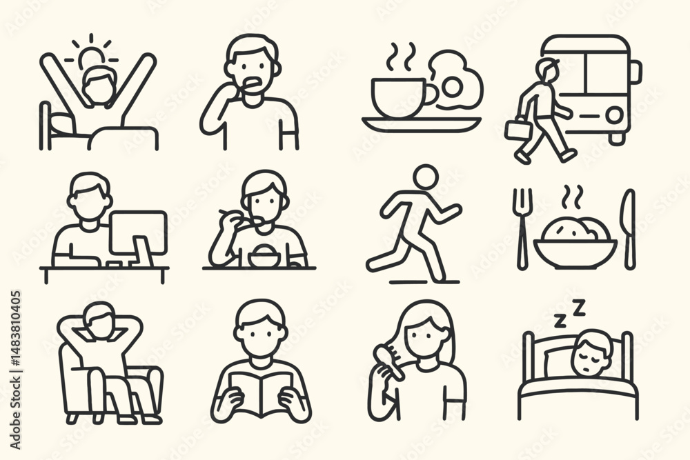 Fototapeta premium Daily routine icons: morning, work, commute, exercise, relaxation, sleep