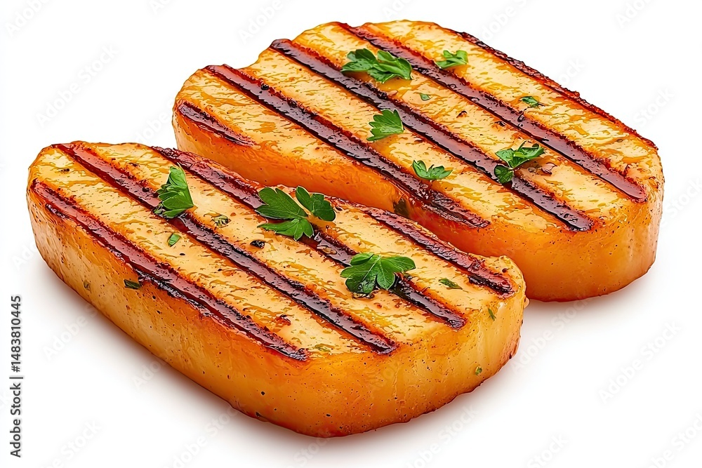 Grilled halloumi cheese slices garnished with parsley Grilled halloumi cheese slices garnished with parsley