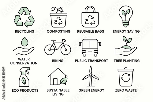 Icons representing recycling, composting, reusable bags, and sustainable living