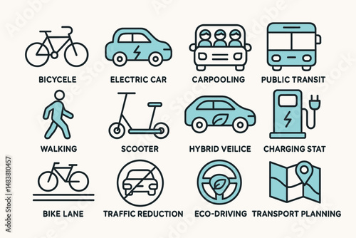 Sustainable urban transportation icons: electric car, public transit, walking, and more
